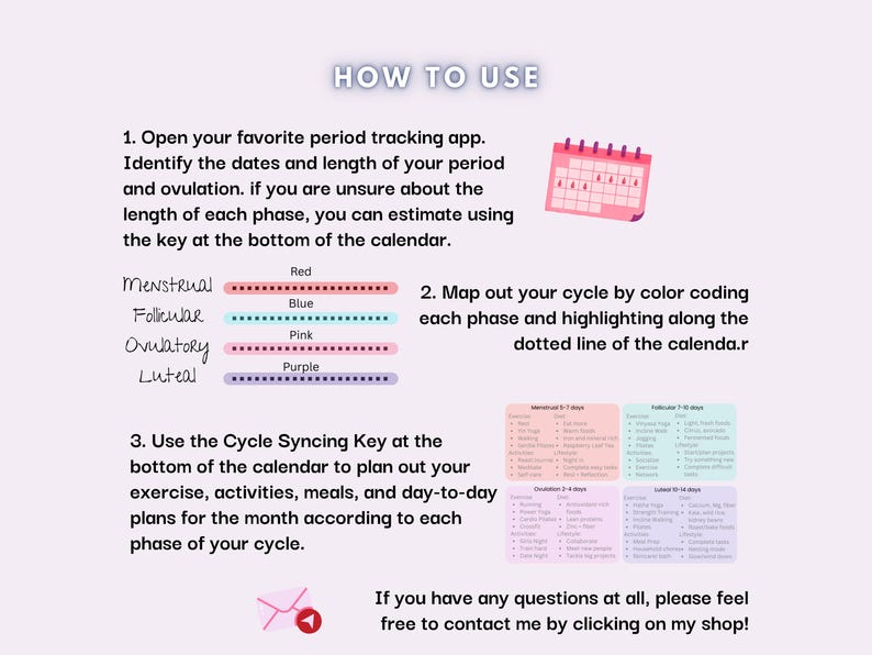 May include: A guide titled "HOW TO USE" with instructions for period tracking. It includes a color-coded key for menstrual phases: red, blue, pink, and purple. The guide suggests using a period tracking app and planning activities based on cycle phases.