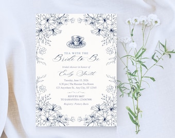 Blue Willow Bridal Shower Invitation, Tea Party Floral (Printable)