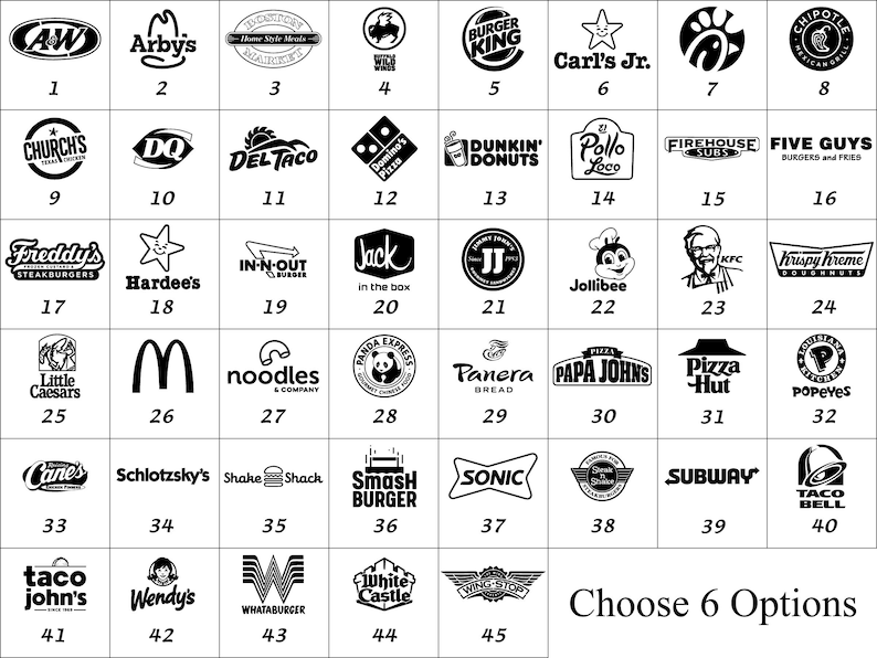 Pode incluir: Uma grade em preto e branco de 45 logotipos de restaurantes de fast food. Os logotipos est&atilde;o dispostos em uma grade de 5x9. Os logotipos incluem cadeias populares como McDonald's, Taco Bell, Wendy's e Subway. Escolha 6 op&ccedil;&otilde;es.