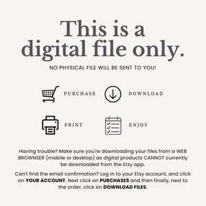 Może przedstawiać: To jest tylko plik cyfrowy. Nie zostanie wysłany żaden plik fizyczny. Kup, pobierz, wydrukuj i ciesz się.  Masz problemy? Upewnij się, że pobierasz pliki z przeglądarki internetowej (mobilnej lub komputerowej), ponieważ produkty cyfrowe nie są obecnie dostępne do pobrania z aplikacji Etsy. Nie możesz znaleźć potwierdzenia e-mail? Zaloguj się na swoje konto Etsy i kliknij swoje konto. Następnie kliknij zakupy, a na końcu, obok zam&oacute;wienia, kliknij pobierz pliki.