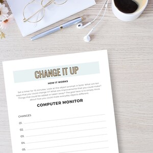 Może przedstawiać: Drukowana karta pracy zatytułowana "Change It Up" i instrukcjami, aby wymyślić dziesięć sposob&oacute;w na zmianę monitora komputerowego. Karta pracy zawiera listę ponumerowanych wierszy do zapisywania pomysł&oacute;w.