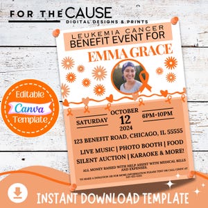 Plantilla editable de Canva para recaudar fondos contra la leucemia y el cáncer, con foto. Plantilla imprimible para beneficencia contra la leucemia y el cáncer.