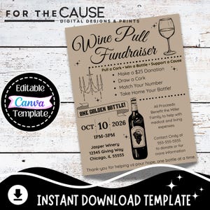 Puede incluir: Un folleto beige para una recaudación de fondos de Wine Pull. El folleto incluye el texto "Wine Pull Fundraiser", detalles del evento y una ilustración de una botella de vino. El folleto es una plantilla de descarga instantánea.
