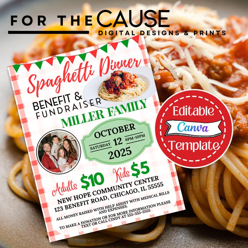 Fundraiser Flyer Template | Editable Canva Spaghetti Dinner Fundraiser ...