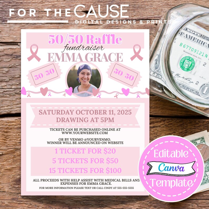 Pink Ribbon G Raffle Editable 50/50 Raffle Fundraiser Flyer Canva Template | Breast Cancer ...
