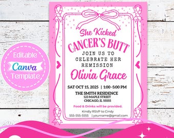 Breast Cancer Remission Celebration Invitation | Editable Canva Template | Digital Survivor Party Invite | Pink Ribbon Celebration