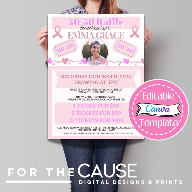 Pink Ribbon G Raffle Editable 50/50 Raffle Fundraiser Flyer Canva Template | Breast Cancer ...
