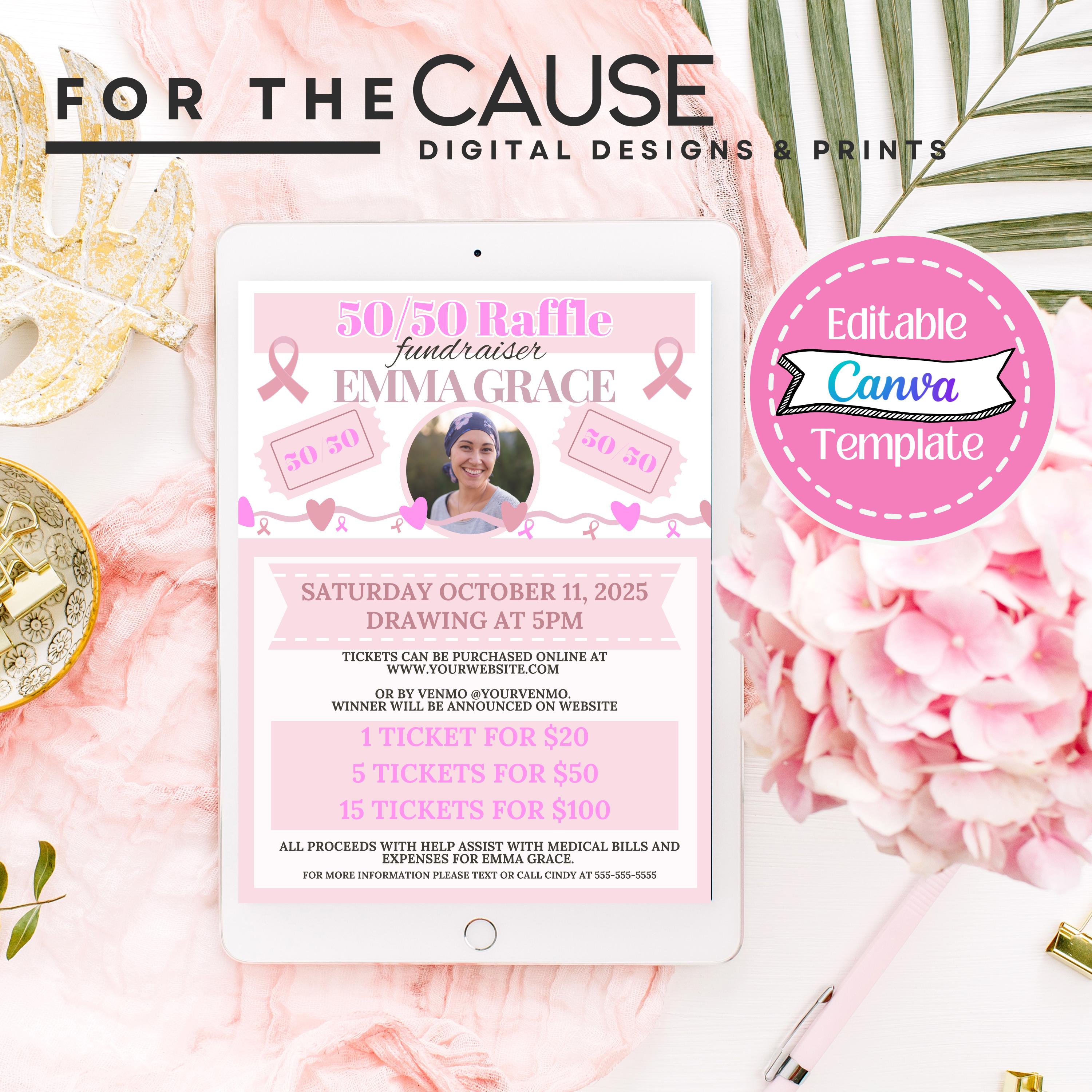 Editable 50/50 Raffle Fundraiser Flyer Canva Template | Breast Cancer ...
