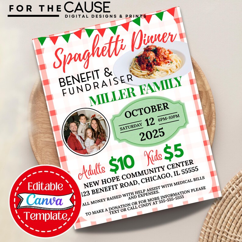 Fundraiser Flyer Template | Editable Canva Spaghetti Dinner Fundraiser ...