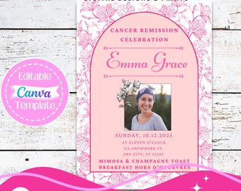 Breast Cancer Remission Celebration Invitation with Photo | Editable Canva Template | Digital Survivor Party Invite Pink Ribbon Celebration