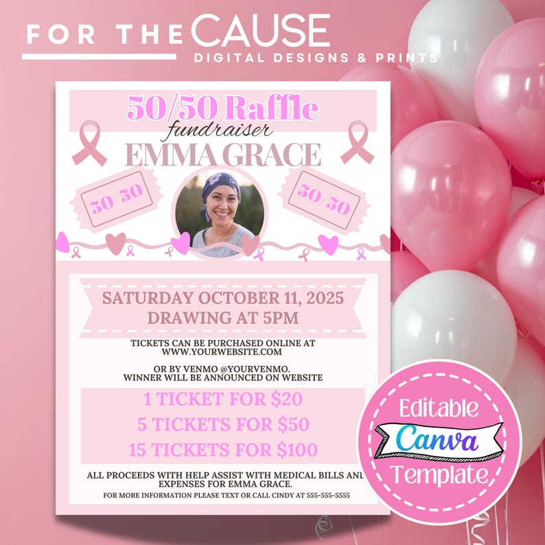 Editable 50/50 Raffle Fundraiser Flyer Canva Template | Breast Cancer ...