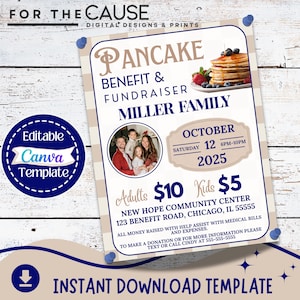 Pancake Breakfast Fundraiser Flyer Template | Editable Canva Benefit Event Design with Photo | Printable Charity Event Flyer with Photo