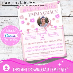 Plantilla editable de Canva para volante de recaudación de fondos contra el cáncer de mama con foto. Volante imprimible para beneficio contra el cáncer de mama. Plantilla benéfica contra el cáncer.