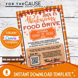Thanksgiving Food Drive Flyer Template | Editable Canva Fundraiser Design with QR Code Donations | Printable Food Drive Flyer
