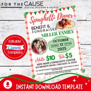 Fundraiser Flyer Template | Editable Canva Spaghetti Dinner Fundraiser Flyer Benefit Template with Photo |Printable Flyer Charity Template