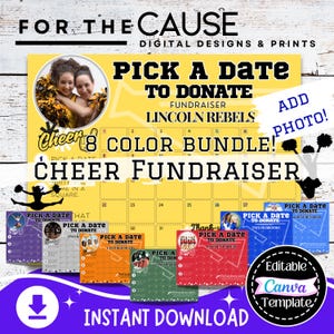 Pick a Date to Donate Cheer Fundraiser Template | Editable Canva Calendar | 8 Color Bundle | Cheerleading Team Fundraising Flyer