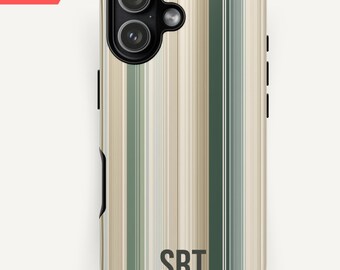 Personalized Neutral Sage Cream Sand Striped Monogram iPhone Pixel Samsung Tough Case
