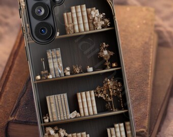 Bookish Phone Case, Vintage Bookshelf, Neutral, Cozy Library Style, Reader Gift, Iphone, Samsung, Pixel