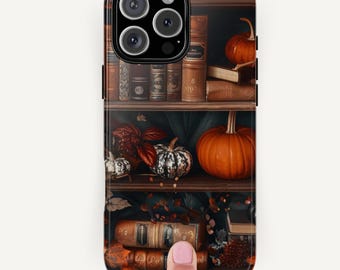 Autumn Bookshelf iPhone Samsung Pixel Case: Vintage Books, Pumpkins, Fall Vibes