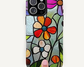 Telefoonhoesje met glas-in-lood bloemmotief: Stevige hoes met bloemenprint