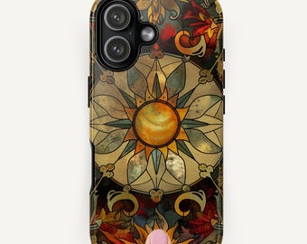 Funda de teléfono con vitrales de sol y luna: protección cósmica para iPhone, Samsung y Pixel