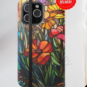 ワイルドフラワー ステンドグラス フォリオ iPhone 花柄 モザイク 花柄 ウォレットケース iPhone 16、14、ガーデン ネイチャー フローラル ワイルドフラワー 誕生日 同僚へのギフト