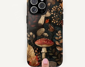 マッシュルーム iPhone Samsung Pixel ケース: 秋の紅葉、ボタニカル コテージコア タフケース