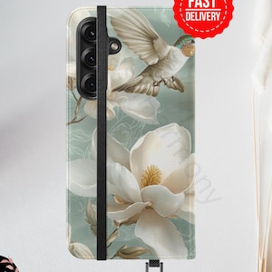 Capa tipo carteira Hummingbird Magnolia para Samsung Galaxy Folio Verde Sálvia com porta-cartões e suporte, elegante capa de couro sintético Nature S21 S25