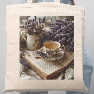 Lavender Tea Cup Book Canvas Tote Bag | Painterly Botanical Cottagecore Accessory