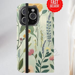 花柄ワイルドフラワーフォリオiPhoneケース、ボタニカルヴィーガンレザーフリップケース、自然愛好家向けスマホカバー、春の花柄スマホウォレット、ヴィンテージ