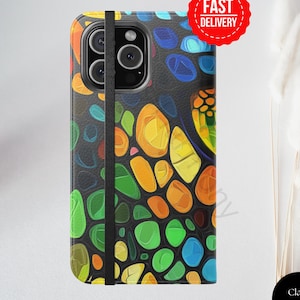 Funda con tapa de ojo de mosaico, diseño de reptil colorido, funda tipo libro para iPhone 16 Pro Max, regalo de cumpleaños con vitrales multicolores