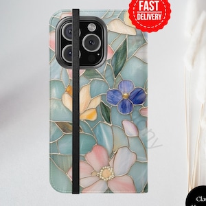 Funda abatible con diseño floral de vitrales de mosaico, funda para teléfono con arte vintage, billetera clásica y elegante, funda tipo folio pintada a mano, diseño artístico para teléfono.