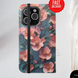 iPhoneケース、ブラッシュブルームフローラルフォリオウォレット、ロマンチックなボタニカル3Dデザイン、同僚への誕生日、母の日、花柄自然愛好家へのギフト