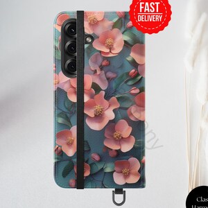 Samsung S25ケース、ブラッシュブルームフローラルフォリオウォレットロマンティックボタニカル3Dデザイン、同僚への誕生日プレゼント、母の日、花好きへのギフト