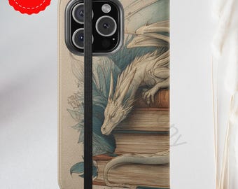Watercolor Dragon & Antique Books Folio iPhone Samsung  Case - Fantasy Book Lover Gift