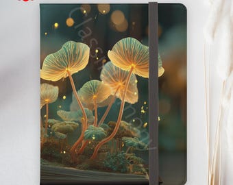 May include: A dark green journal with an illustration of glowing mushrooms. The mushrooms have translucent caps and are lit with a warm, golden light. A red circle with the words "FAST DELIVERY" is in the upper left corner.