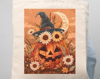 Cottagecore Halloween Einkaufstasche: Kürbis Hexe Markttasche aus Canvas