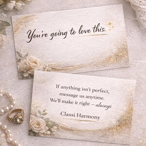 May include: Two elegant cards with floral and glitter accents. The top card reads "You're going to love this." The bottom card states "If anything isn't perfect, message us anytime. We'll make it right - always." The brand name "Classi Harmony" is also visible.