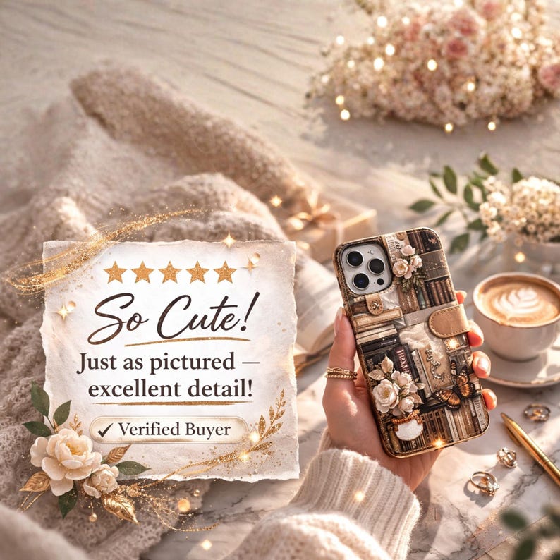 May include: A smartphone case featuring a vintage library bookshelf print with 3D-style floral embellishments and a butterfly accent. The case includes a magnetic strap closure and a camera cutout. A review card displays five stars and the text So Cute!