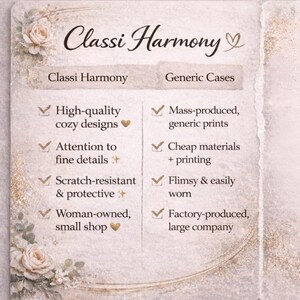 May include: A decorative graphic with the text "Classi Harmony" at the top. The graphic compares "Classi Harmony" products with "Generic Cases", highlighting features like high-quality designs, attention to detail, and scratch resistance.