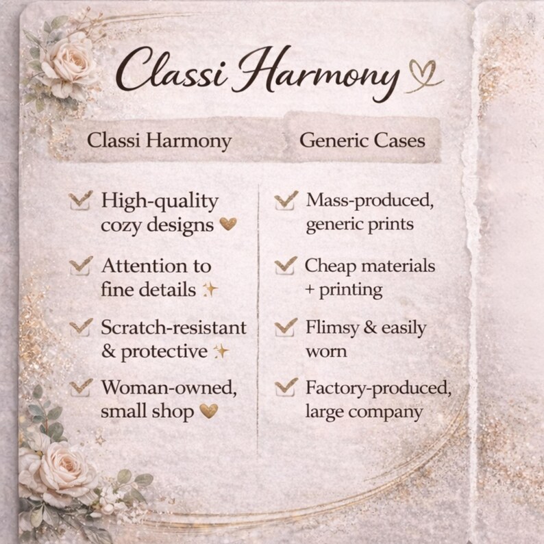 May include: A decorative graphic with the text "Classi Harmony" at the top. The graphic compares "Classi Harmony" products with "Generic Cases", highlighting features like high-quality designs, attention to detail, and scratch resistance.