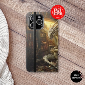 Funda tipo folio Dragon Guardian para iPhone y Samsung, ideal como regalo de cumpleaños para un fanático de los libros, estilo Dark Academia, con un diseño fascinante de cuero vegano y estilo cottagecore.