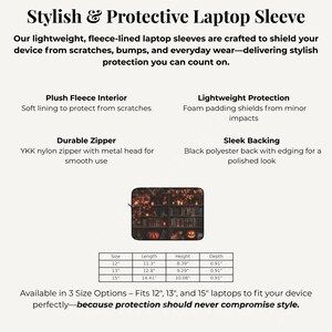 Vintage library laptop sleeve with books, glowing candles, pumpkins, and autumn leaves, protective fleece case in 12, 13, and 15 inch sizes sleeve features and size chart
