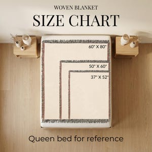 May include: A woven blanket size chart displayed on a queen bed. The chart shows three rectangular blankets with fringed edges in sizes 60 inches by 80 inches, 50 inches by 60 inches, and 37 inches by 52 inches, with text labels for each size.