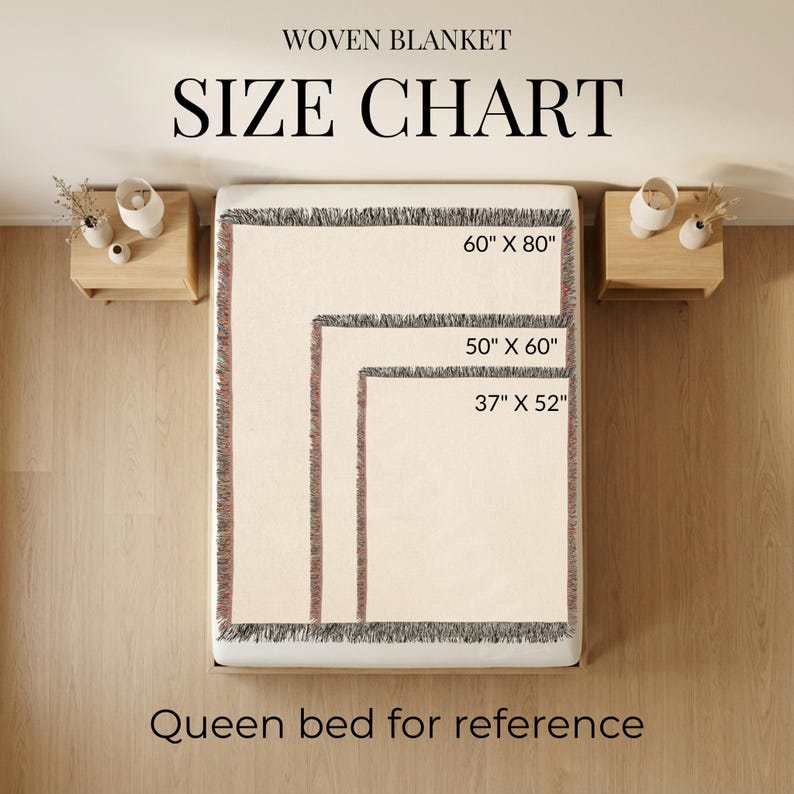 May include: A woven blanket size chart displayed on a queen bed. The chart shows three rectangular blankets with fringed edges in sizes 60 inches by 80 inches, 50 inches by 60 inches, and 37 inches by 52 inches, with text labels for each size.