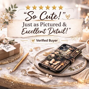 May include: A black phone case with a floral and butterfly design, displayed on a decorative plate. The case is open, revealing the phone. The image includes text that reads "So Cute!" and "Just as Pictured & Excellent Detail!" with a "Verified Buyer" badge.