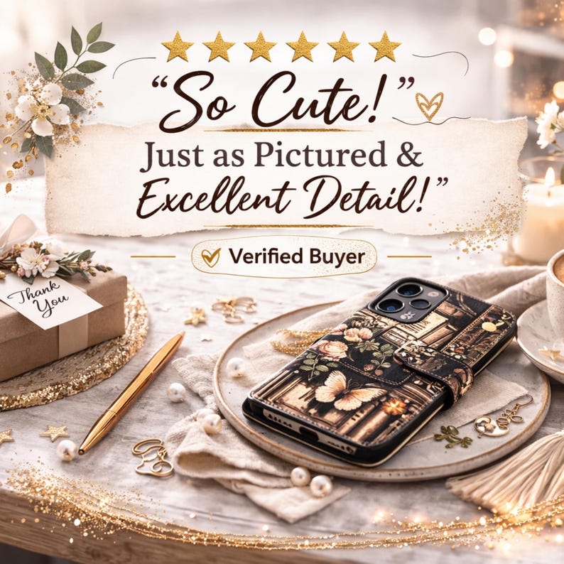 May include: A black phone case with a floral and butterfly design, displayed on a decorative plate. The case is open, revealing the phone. The image includes text that reads "So Cute!" and "Just as Pictured & Excellent Detail!" with a "Verified Buyer" badge.