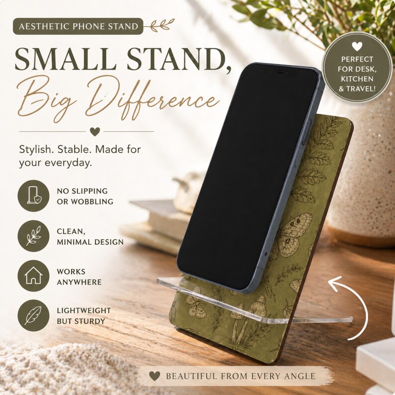 Pages, paper, soft shadows —
the kind of atmosphere that makes you slow down without trying.

This bookish phone stand brings a warm, vintage-inspired feel to your space, blending softly layered textures with a calm, grounded aesthetic.

Perfect for reading, writing, working — or simply creating a space that feels like your own.