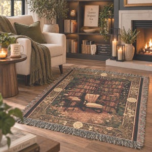 Woven blanket with a warm storybook library scene, draped over a reading chair.
