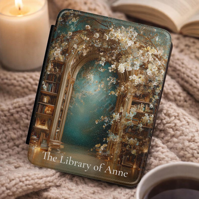 Personalized Kindle case reading The Library of Anne with vintage floral arch and bookshelf artwork in teal and gold tones..